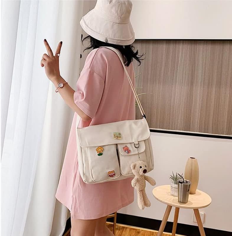 PRAGARI Canvas Crossbody Bag Messenger Cute Bag with Pins and Pendant for Women Girls Casual Shoulder Aesthetic School bag - Image 5